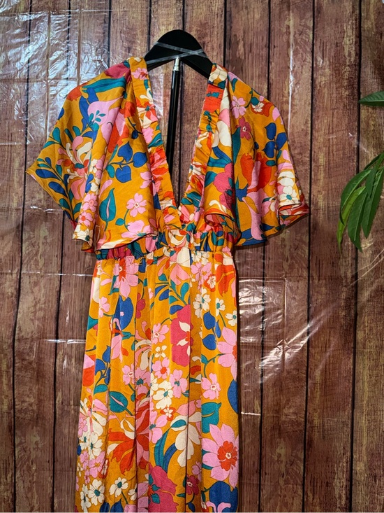 Dresses & Skirts - Floral Maxi Dress with Ruffle V-Neck - Mustard Pink Multi